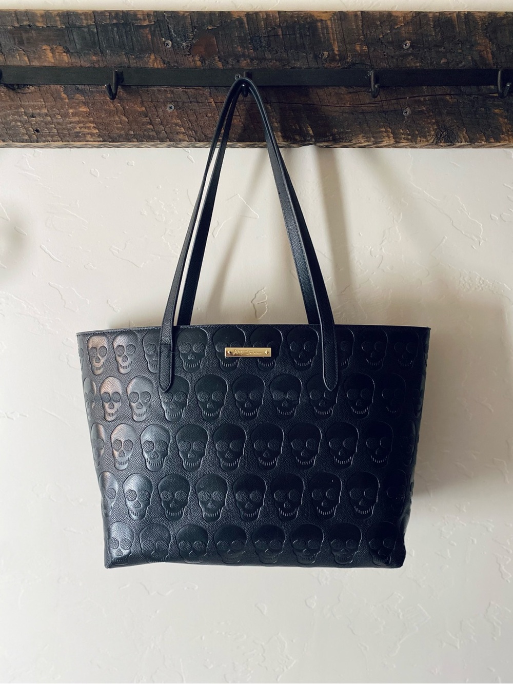 Betsey Johnson Black Embossed Skull Tote with Gold Plaque